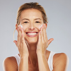 Mature beauty portrait, face wash and happy woman glowing skincare, dermatology and anti aging...