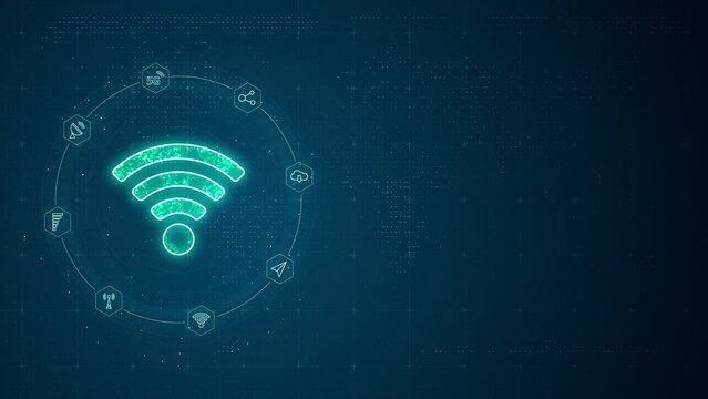 Motion graphic of Blue digital WIFI LOGO with line connection and data transfer to futuristic technology icon on abstract background concept