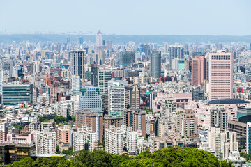 View of Taipei's modern buildings from the top of the Xiangshan mountain in Taipei, Taiwan.