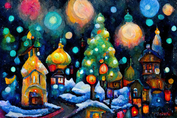 Hintergrund mit Weihnachtsdekoration, Dorf mit geschmückten Christbäumen und Schnee 