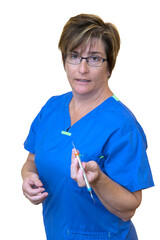 Isolated female dental assistant hygienist in a blue scubs