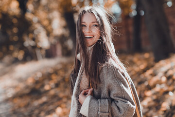 Close up portrait of satisfied overjoyed lady dressed fashionable warm cozy modern outfit overcoat...