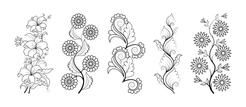 Set Of Floral Line Art Hand Drawn Simple Flower Coloring Pages For Kids And Adult