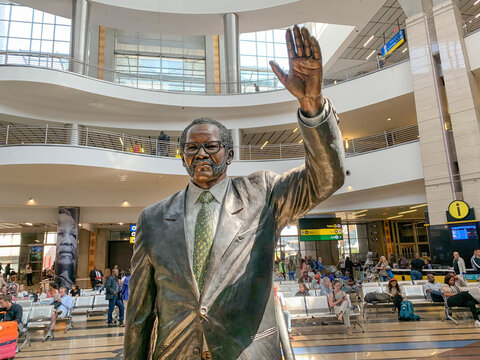OR Tambo International Airport, South Africa:  Bronze statue of Oliver Tambo greets passengers in international arrivals hall