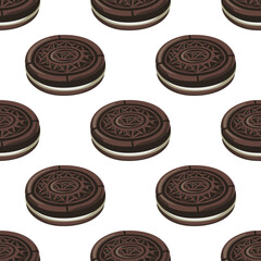 Sweet chocolate round biscuits. Oreos. White seamless pattern. Vector