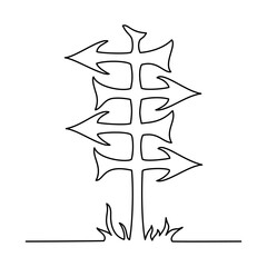 Road Sign Left and Right four Arrows Continuous Line Drawing in One Line Vector Illustration Isolated on a white background.
