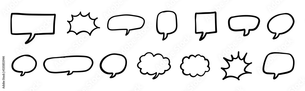Poster set of outline stroke bubble speech shape. collection of balloon text isolated in white background.
