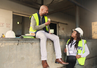 Cargo warehouse and black people relax on break together for professional coworker friendship. African ecommerce management and delivery industry workers enjoy lunch and friendly conversation.