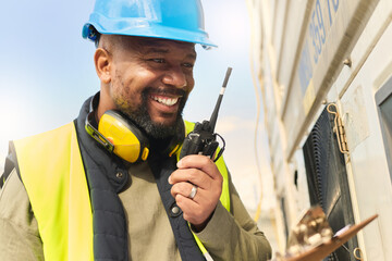 Logistics, communication and black man talking on walkie talkie working on delivery of cargo at...