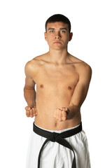 A Shirtless 19 Year Old Practacing a Karate Short Punch