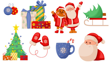 Set of New Year items. Santa, Christmas tree, mittens, gifts. Symbol of the new year 2023. New Year and Christmas stickers isolated on white background. Winter holidays.