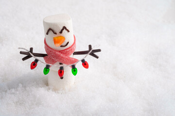 Happy funny marshmallow snowman are having fun in snow. Merry Christmas card. Christmas concept