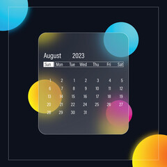 August 2023 calendar design and glass background template	