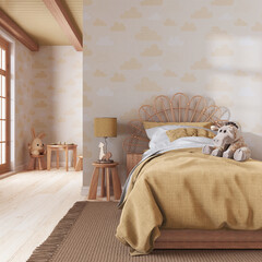 Farmhouse children bedroom in yellow and beige tones. Single bed with wall mockup. Parquet floor and wallpaper. Boho interior design