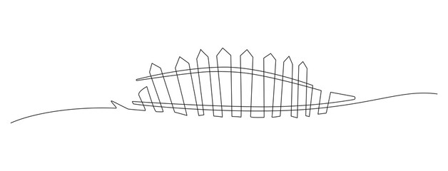 Old crooked picket fence on the border with the field. Landscape. Continuous line drawing illustration