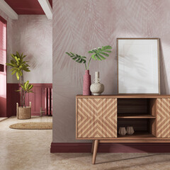 Japandi living room in red and beige tones. Wooden chest of drawers with frame mockup. Marble floor and wallpaper. Modern interior design