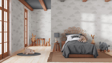 Farmhouse children bedroom in gray and beige tones. Single bed with wall mockup. Parquet floor and wallpaper. Japandi interior design