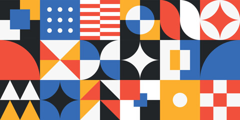 Seamless colorful geometric pattern. Combination of circles, triangles and other simple shapes with minimal and modern style. Retro background, ideal for corporate identity, paper, banner, packaging