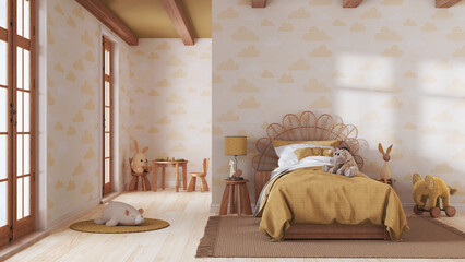 Farmhouse children bedroom in yellow and beige tones. Single bed with wall mockup. Parquet floor and wallpaper. Japandi interior design