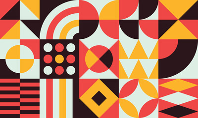 Seamless colorful geometric pattern. Combination of circles, triangles and other simple shapes with minimal and modern style. Retro background, ideal for corporate identity, paper, banner, packaging