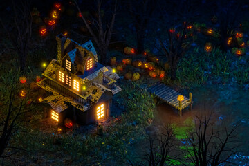 The thrilling dramatic scenario is shown in 3D isometric rendering view, including a haunted mansion amid a graveyard full of pumpkin creatures.
