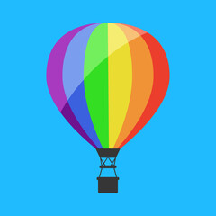 Hot air balloon in the colors of the LGBT flag on a blue sky background