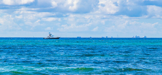 Boats yachts ship jetty beach in Playa del Carmen Mexico.