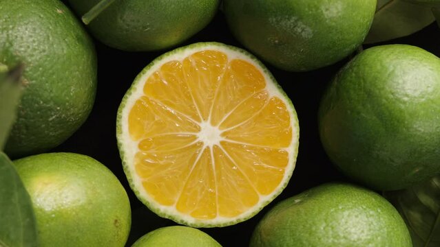 Half a tangerine, top view, green peel, the rays of the sun fall on it. close-up.