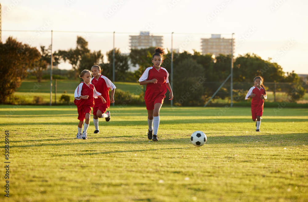 Canvas Prints Sports, fitness and soccer training by girl team playing on grass field, teamwork during football game. Health, exercise and children learning to play in competitive match with energy and soccer ball