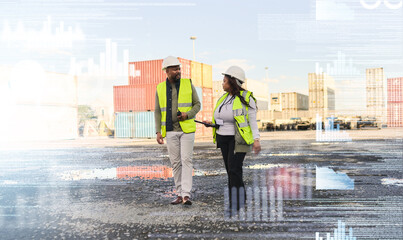 Business people, logistics and shipping, industry warehouse workers in container yard double exposure or analytics overlay. Industrial employee working in supply chain management for transportation