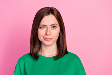 Fototapeta premium Closeup photo of young adorable pretty woman distrust looking directly you isolated on pink color background