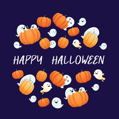 Vector bright decorative card or banner with ghosts and pumpkins on a purple background. 