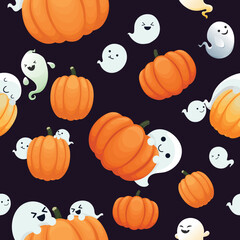 Seamless vector pattern for a bright Halloween. Ghosts and pumpkins on a dark background. 