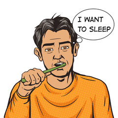 Man brushing his teeth morning pop art PNG illustration with transparent background