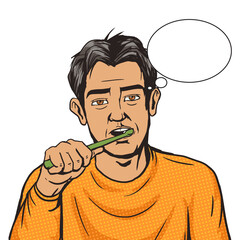 Man brushing his teeth morning pop art PNG illustration with transparent background