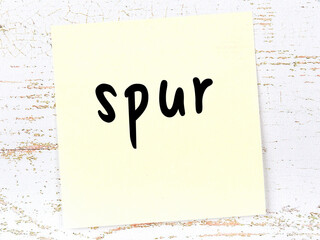 Yellow sheet of paper with word spur. Reminder concept © iushakovsky