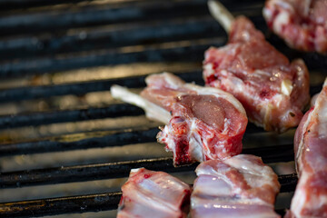 Closeup of grilling pork ribs, homemade barbecue.