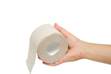 Roll toilet paper in his hand white background.
