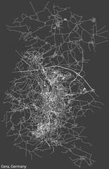 Detailed negative navigation white lines urban street roads map of the German regional capital city of GERA, GERMANY on dark gray background