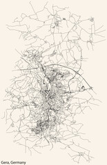 Detailed navigation black lines urban street roads map of the German regional capital city of GERA, GERMANY on vintage beige background