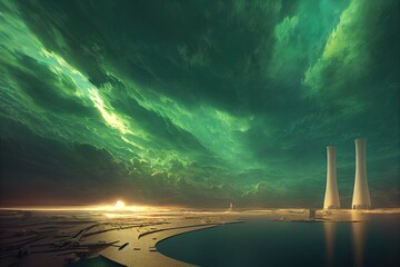 Nuclear power plant illuminated at night, with green lights and poison smokes. The concept of pollution and nuclear threat. 3D rendering. Nuclear power plant at sunset.