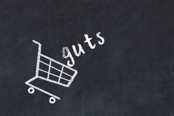 Chalk drawing of shopping cart and word guts on black chalboard. Concept of globalization and mass...