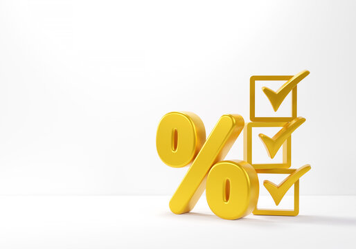 Percentage And Check Mark Gold On White Background. Accreditation, Percentage Of Accuracy, Evaluation Measurements Show Percentage Results. With Copy Space Business Design. 3D Rendering Illustration