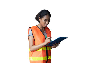 Woman worker wear uniform working and writing on clipboard on transparent background