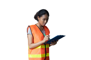 Woman worker wear uniform working and writing on clipboard on transparent background
