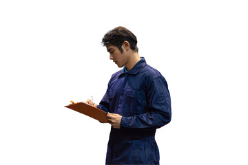Asian male worker wear uniform working and writing on clipboard on transparent background