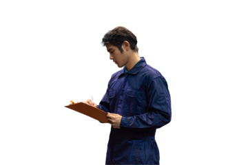 Asian male worker wear uniform working and writing on clipboard on transparent background