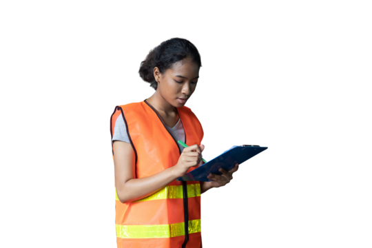 Woman worker wear uniform working and writing on clipboard on transparent background