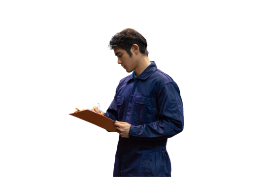 Asian male worker wear uniform working and writing on clipboard on transparent background