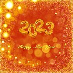 2023 3d Realistic golden, Foil Balloons on confetti gold and lights luxury red background. 3d rendering Merry Christmas and Happy New Year 2023 greeting banner. 